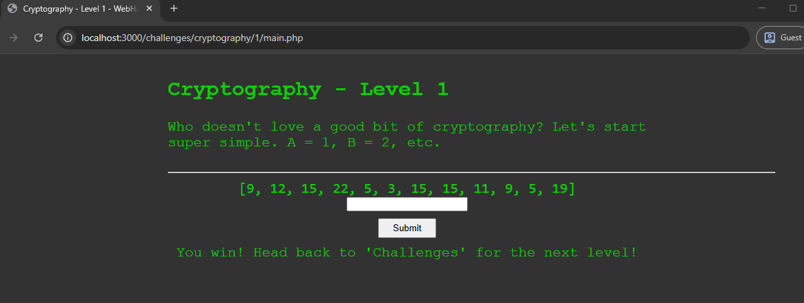 Inputting the correct a Cryptography challenge Level 1