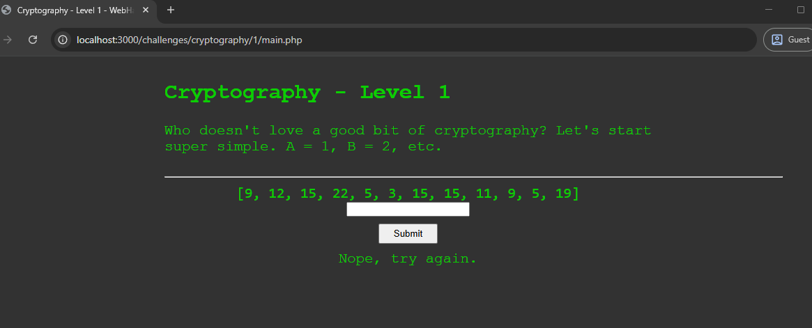 Inspecting the HTML code of Cryptography challenge Level 1